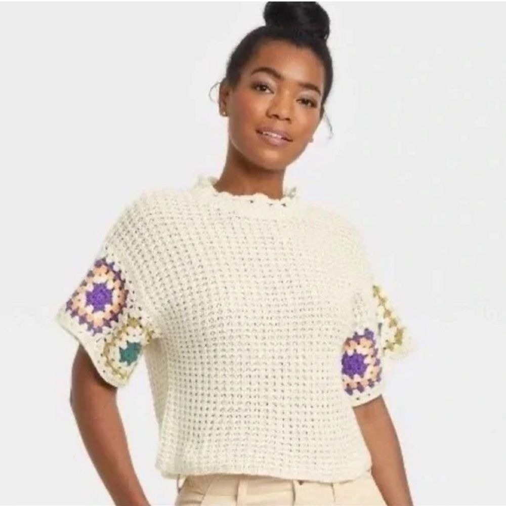 Universal Thread Womens XS Crochet Knit Top Cream Granny‎ Square Sleeve Boho
